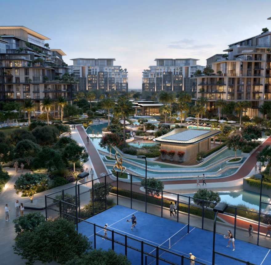 City Walk Crestlane residences with landscaped water features in Dubai