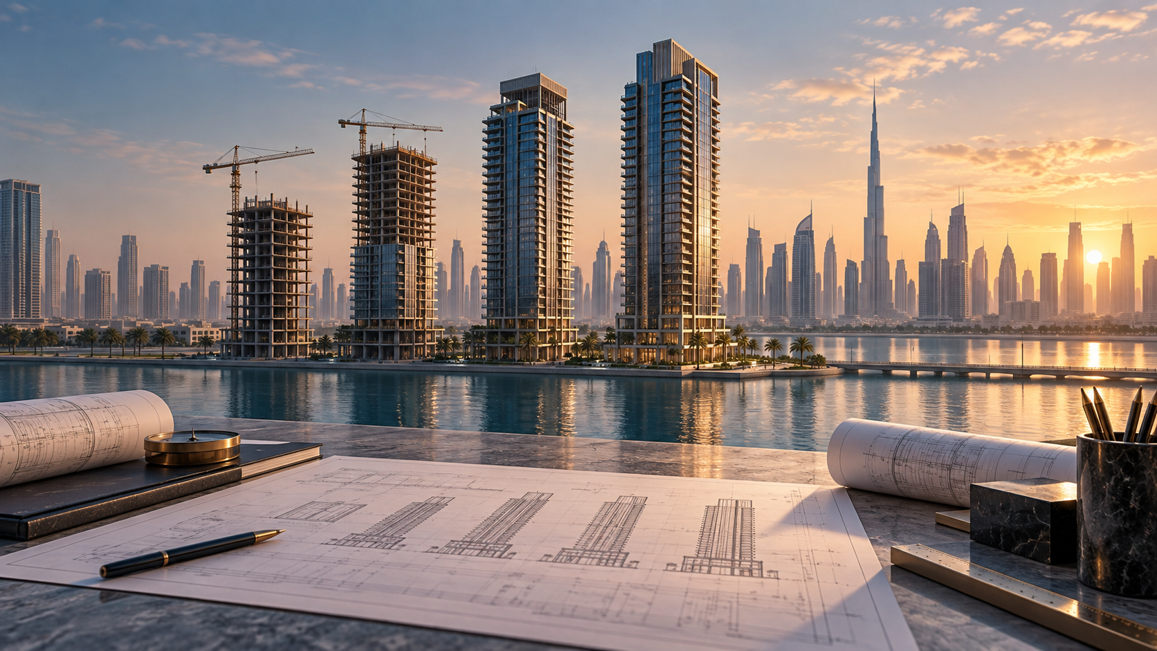 Conceptual Dubai off-plan construction journey with architectural plans and towers