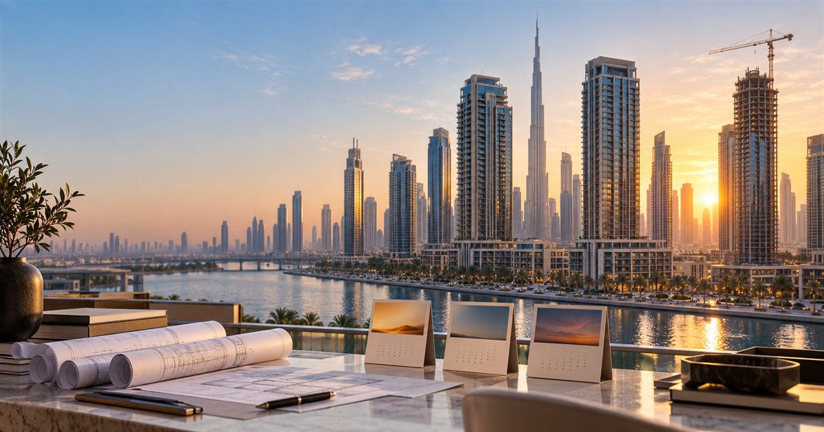 Dubai skyline and construction project calendar illustrating Q4 2026 property handovers