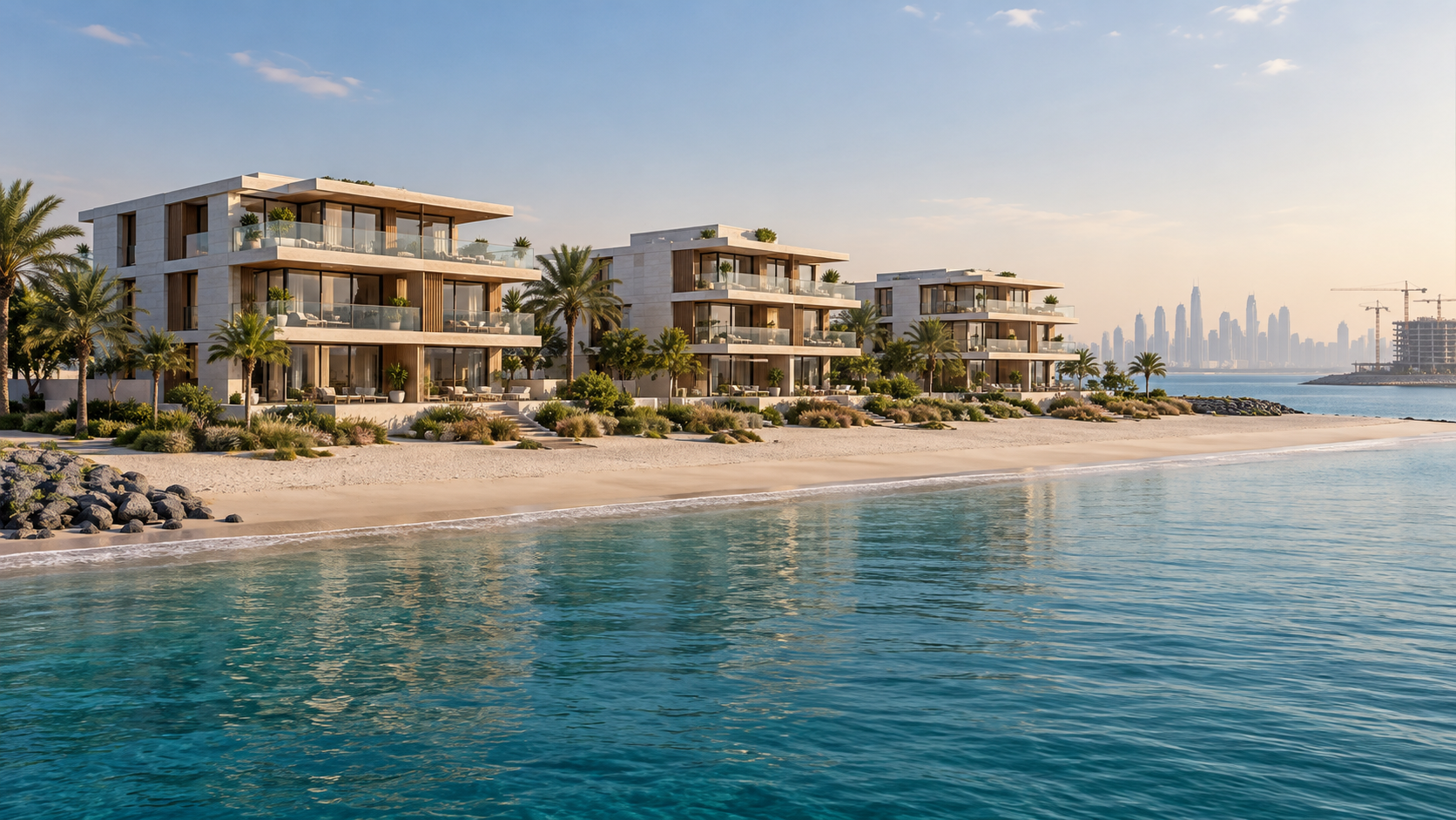 Conceptual low-rise waterfront residences in an emerging Dubai island community