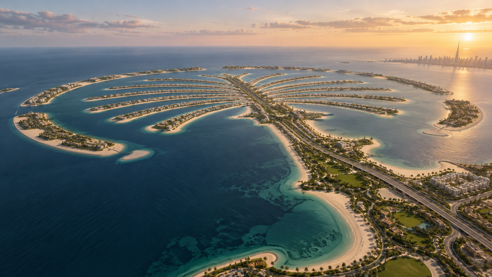 Conceptual aerial view of a developing palm-shaped Dubai coastal master community